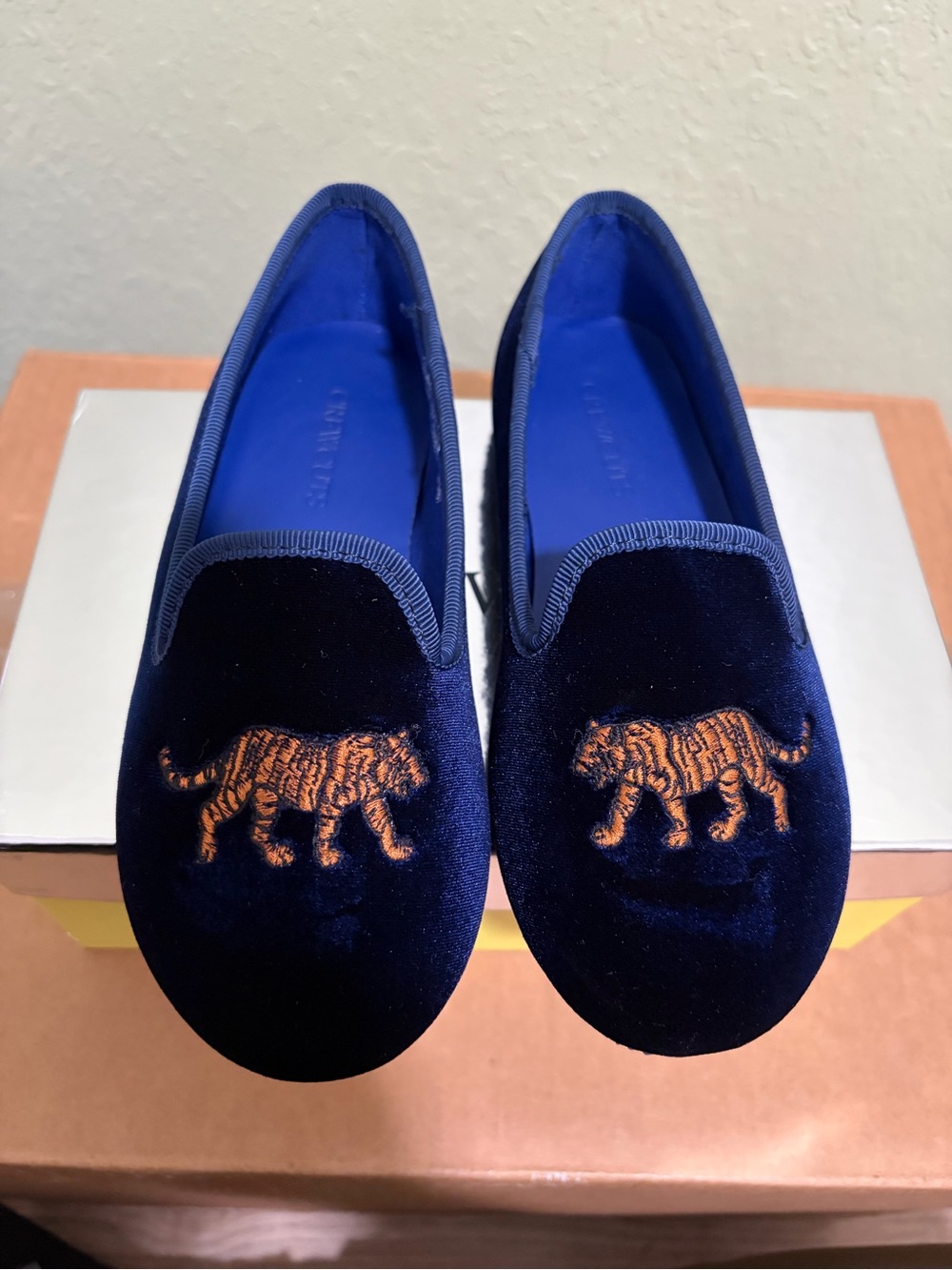 J. Crew Navy Velvet Kids Moccasins with Orange Tiger Embroidery